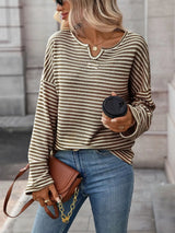 Striped Notched Long Sleeve T-Shirt - Trendsi - Flyclothing LLC