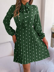 Polka Dot Tie Neck Pleated Dress - Trendsi