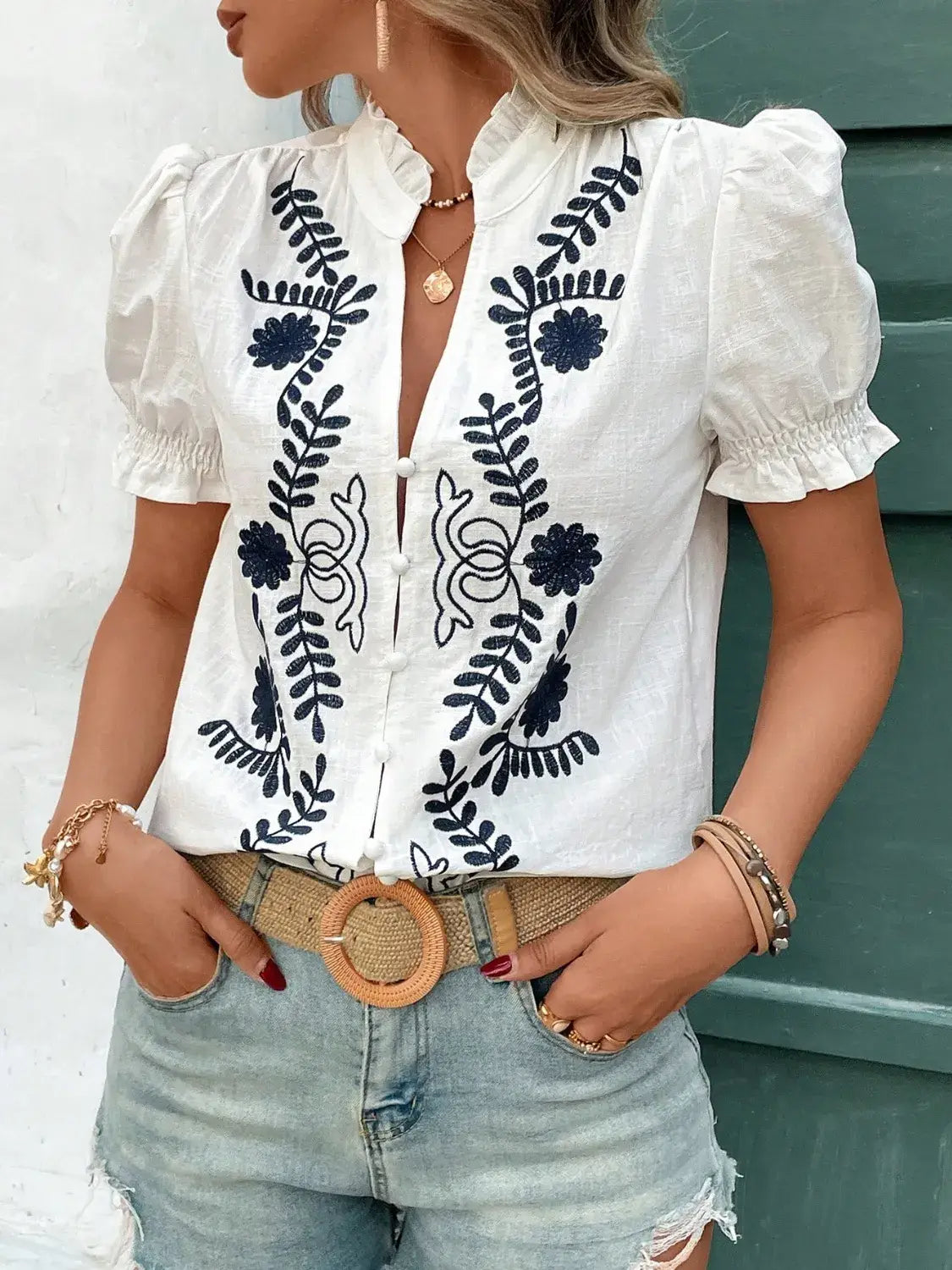 Embroidered Frill Notched Short Sleeve Blouse - Trendsi - Flyclothing LLC