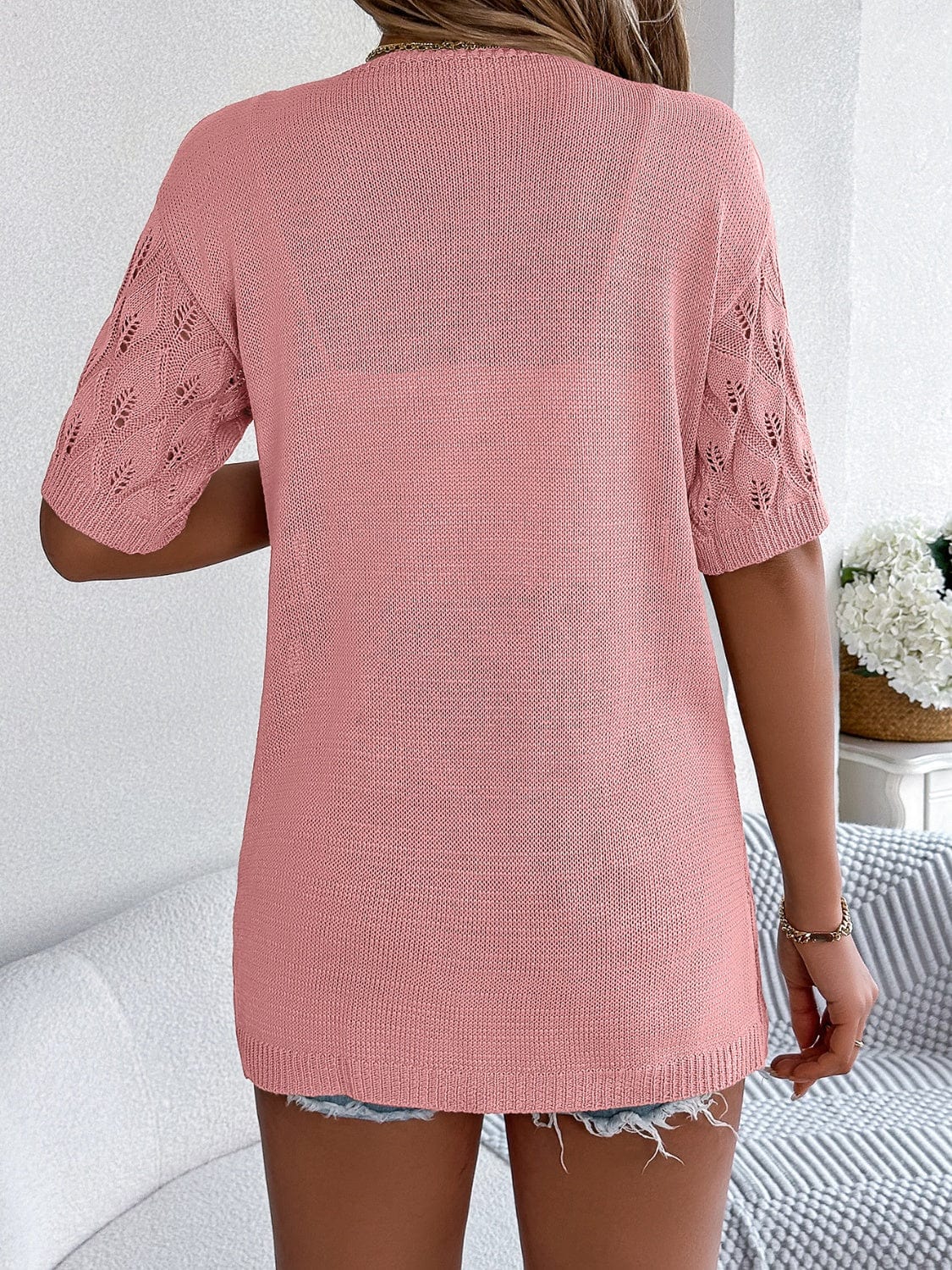 Openwork Open Front Short Sleeve Cardigan - Trendsi