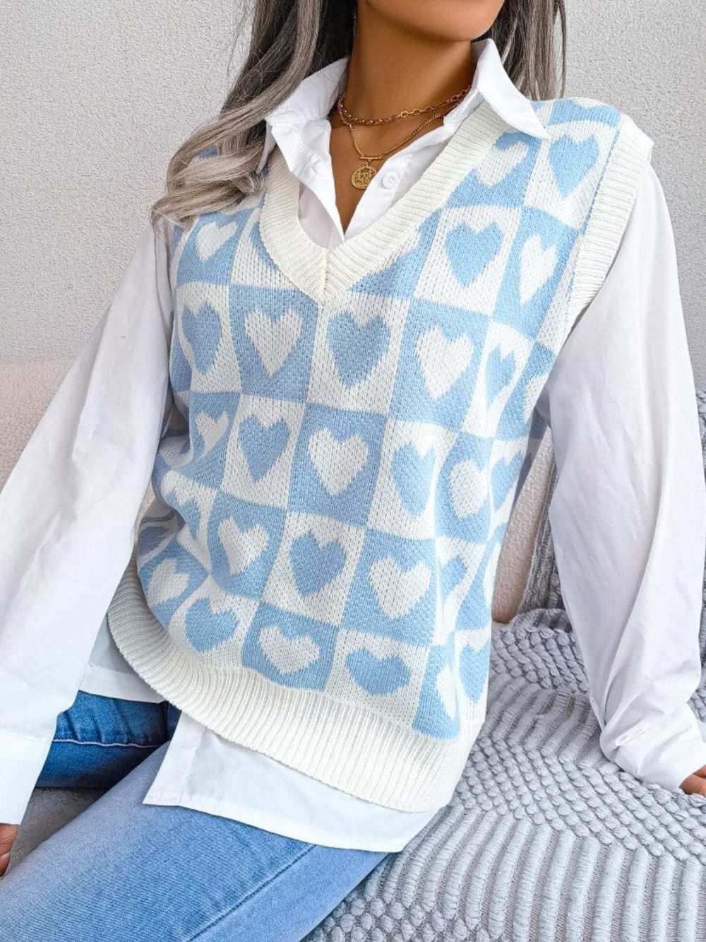 Heart V-Neck Sweater Vest - Trendsi - Flyclothing LLC