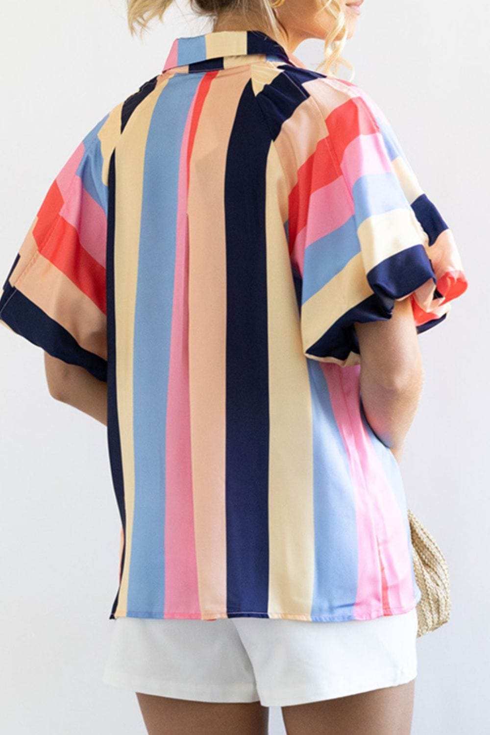 Color Block Button Up Balloon Sleeve Shirt - Trendsi - Flyclothing LLC