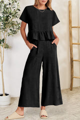 Peplum Round Neck Short Sleeve Top and Pants Set - Trendsi