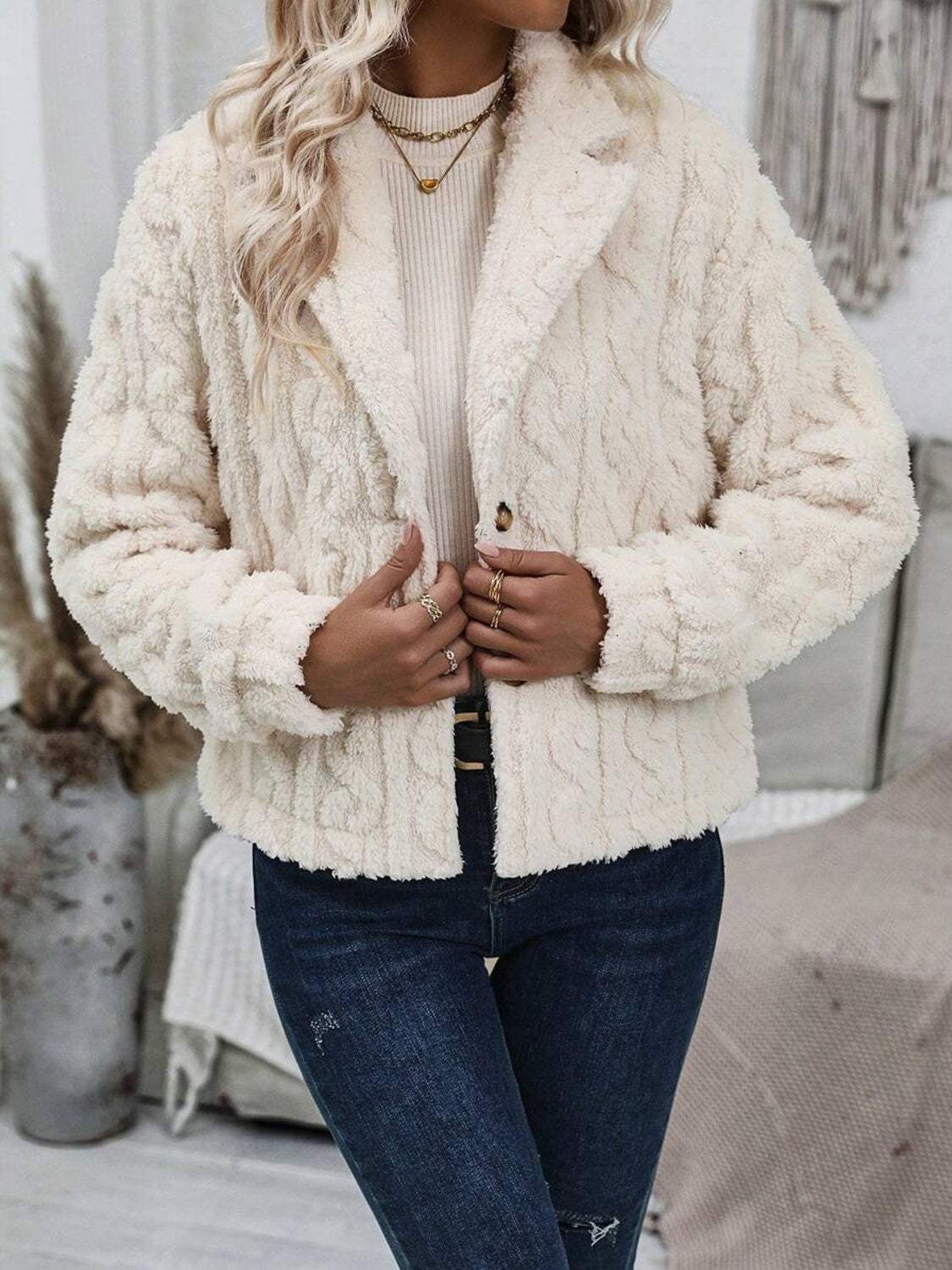 Fuzzy Button Up Collared Neck Jacket - Trendsi - Flyclothing LLC