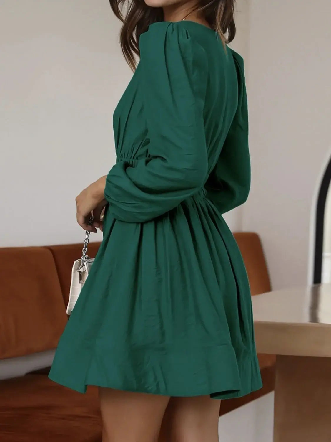 Ruched V-Neck Balloon Sleeve Mini Dress - Trendsi - Flyclothing LLC