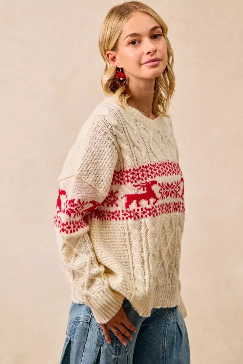 BiBi Christmas Theme Patterned Cable Knit Sweater - Trendsi - Flyclothing LLC