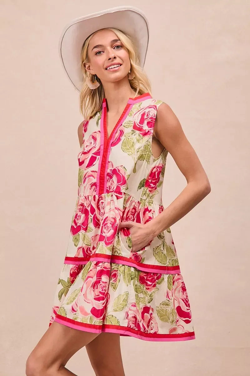 BiBi Floral Woven Contrast Edge Tiered Ruffle Mini Dress - Trendsi - Flyclothing LLC