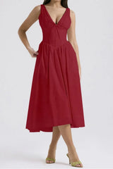 Ruched V-Neck Sleeveless Dress with Pockets - Trendsi - Flyclothing LLC