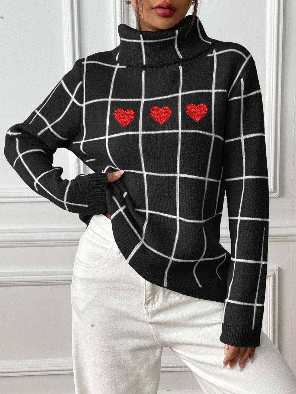 Heart Plaid Turtleneck Long Sleeve Sweater - Trendsi - Flyclothing LLC