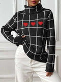 Heart Plaid Turtleneck Long Sleeve Sweater - Trendsi - Flyclothing LLC