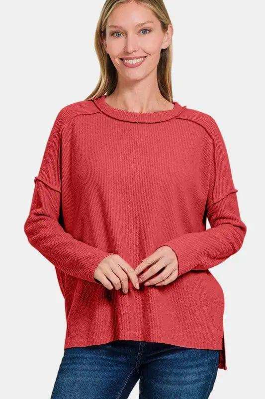 Zenana Full Size Exposed Seam Brushed Round Neck Sweater - Trendsi - Flyclothing LLC