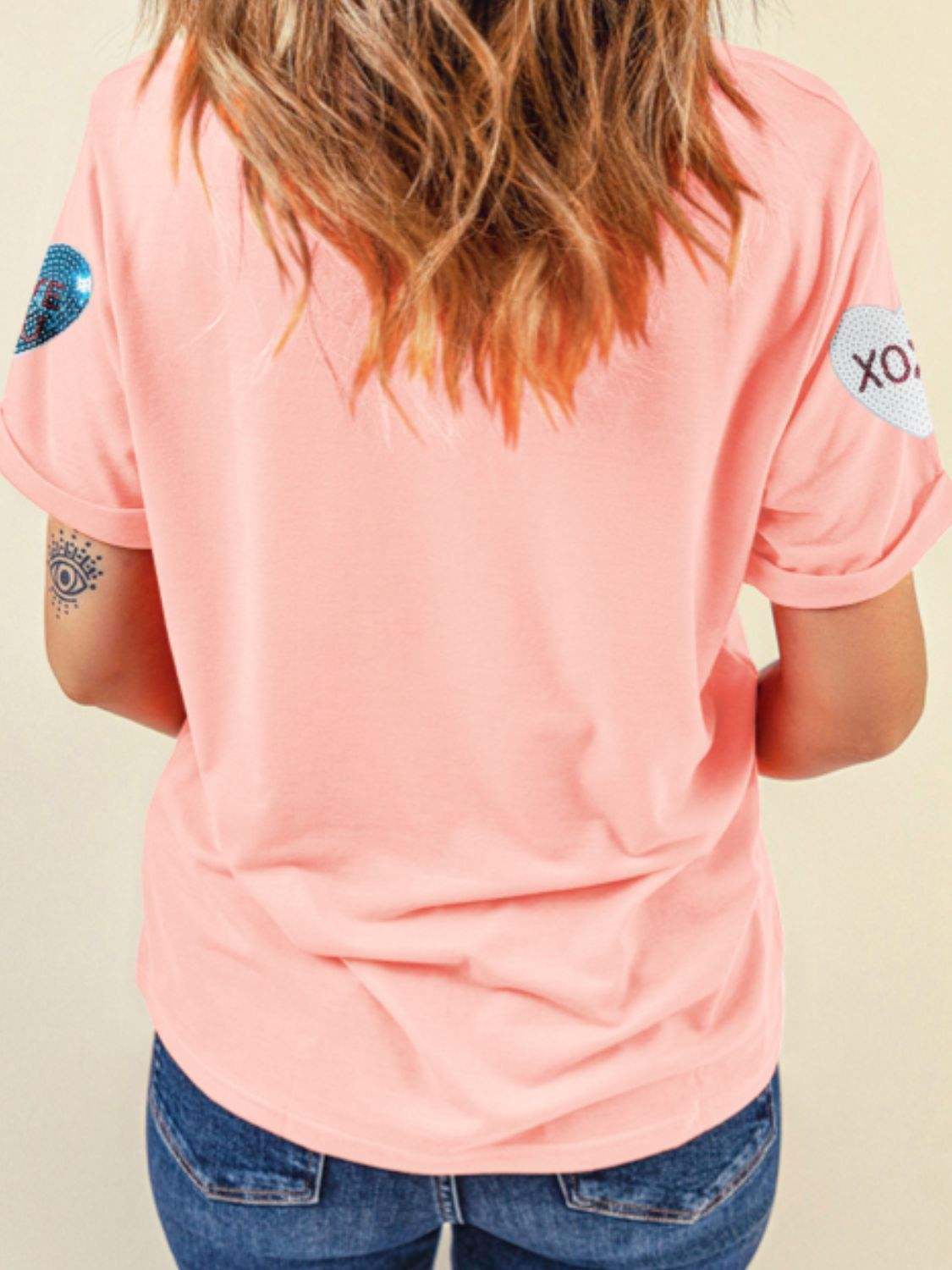 Valentine’s Day Sequin Heart Round Neck Short Sleeve T-Shirt - Trendsi - Flyclothing LLC