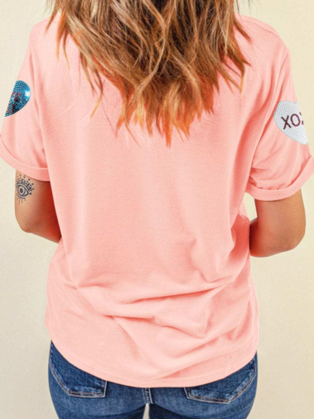 Valentine’s Day Sequin Heart Round Neck Short Sleeve T-Shirt - Trendsi - Flyclothing LLC