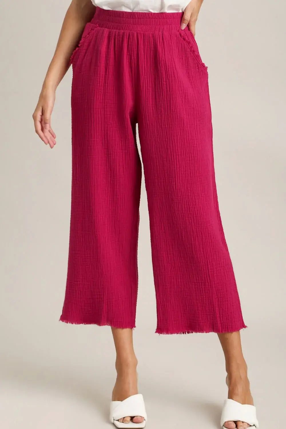 Umgee Full Size Raw Hem Elastic Waist Wide Leg Pants Plus Size - Trendsi - Flyclothing LLC