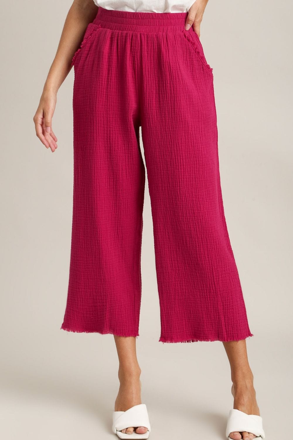 Umgee Full Size Raw Hem Elastic Waist Wide Leg Pants Plus Size - Trendsi