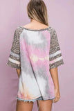 BiBi Tiedye French Terry with Leopard Sleeve Top - Trendsi - Flyclothing LLC