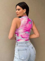 Printed Mock Neck Ruched Tank - Trendsi - Flyclothing LLC