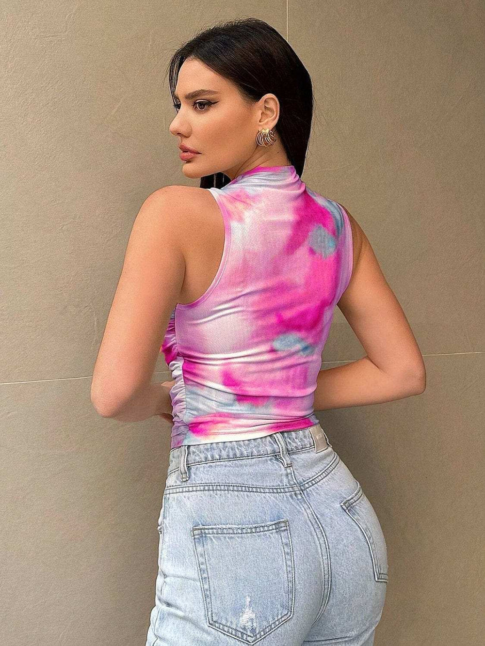 Printed Mock Neck Ruched Tank - Trendsi - Flyclothing LLC