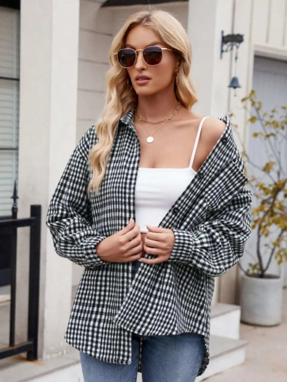 Pocketed Plaid Collared Neck Long Sleeve Shirt - Trendsi - Flyclothing LLC