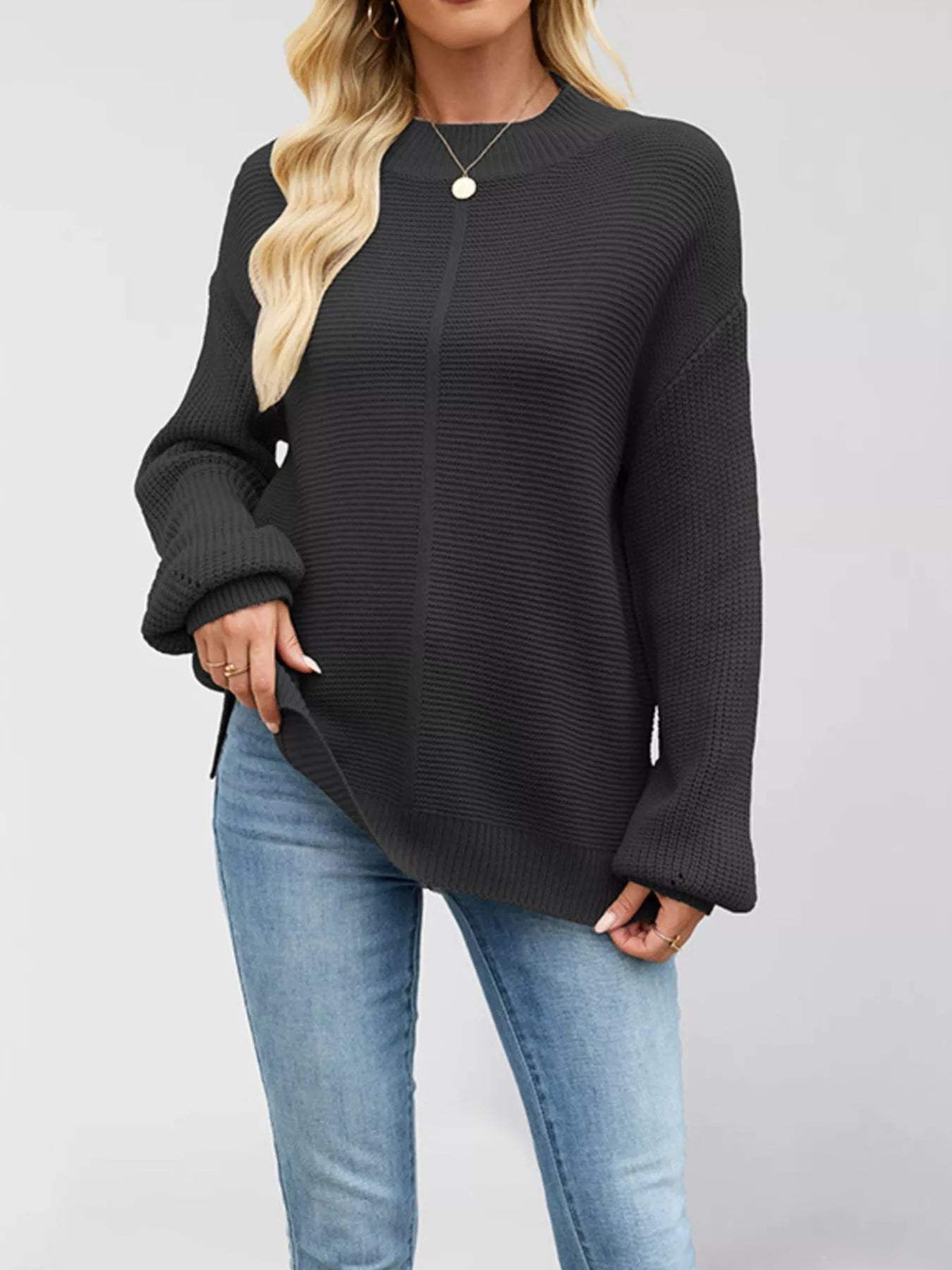 Ribbed Mock Neck Drop Shoulder Sweater - Trendsi - Flyclothing LLC