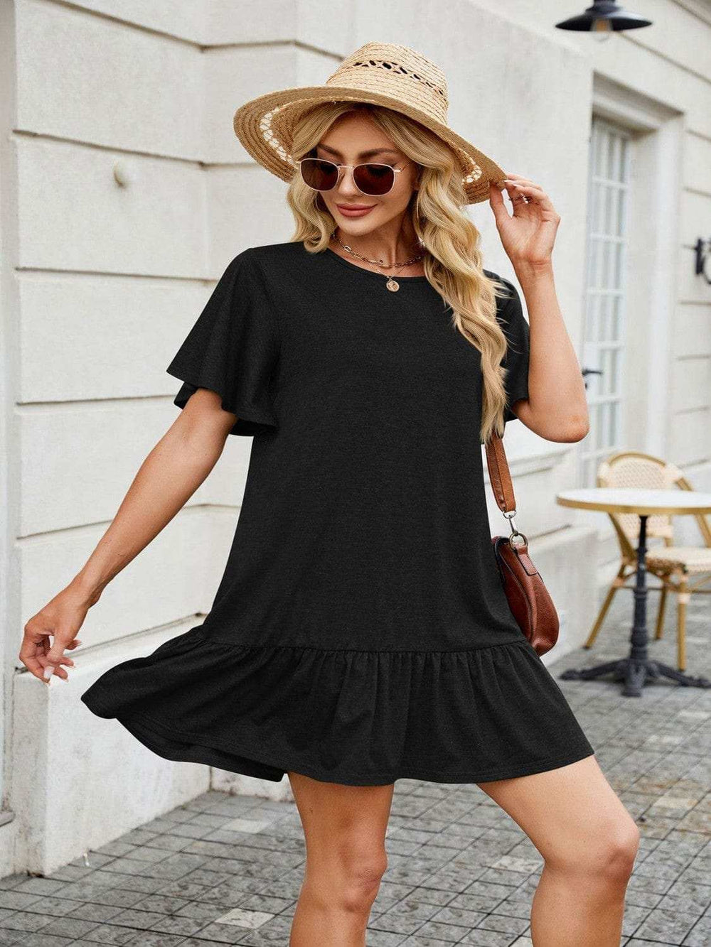 Round Neck Short Sleeve Mini Dress - Trendsi - Flyclothing LLC