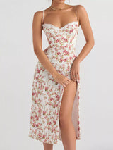 Floral Print Lace Trim Slit Midi Dress - Trendsi - Flyclothing LLC