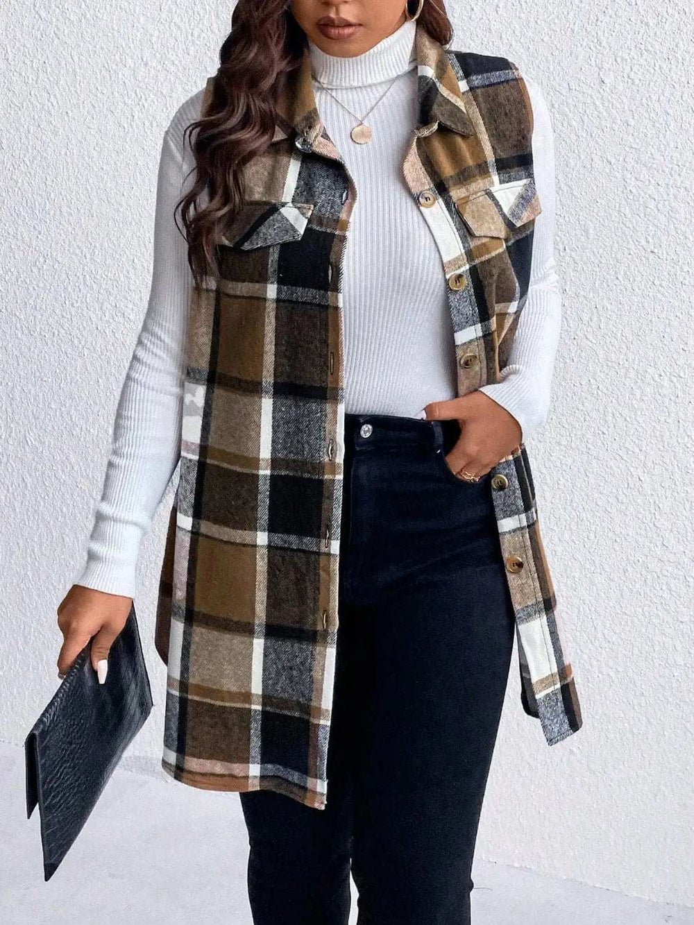 Honey Plus Size Pocketed Plaid Button Up Vest Coat - Trendsi - Flyclothing LLC