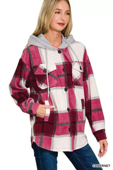 Zenana Plaid Drawstring Hooded Fleece Shacket - Trendsi - Flyclothing LLC