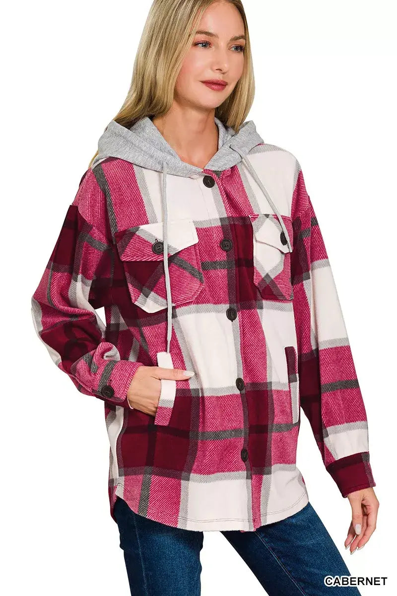 Zenana Plaid Drawstring Hooded Fleece Shacket - Trendsi - Flyclothing LLC