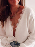 Lace Trim V-Neck Cardigan - Trendsi - Flyclothing LLC