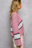 POL V-Neck Striped Pattern Cropped Knit Top with Cable Knit Detail - Trendsi - Flyclothing LLC