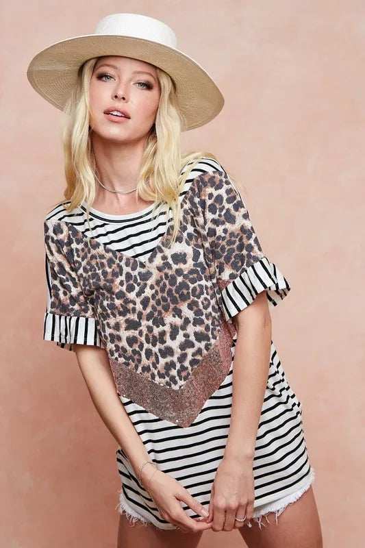 BiBi Stripe Rayon Span Knit Color Block Top With Leopard - Trendsi - Flyclothing LLC