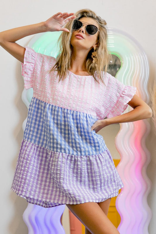 BiBi Plaid Color Block Tiered Top - Trendsi