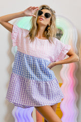 BiBi Plaid Color Block Tiered Top - Trendsi