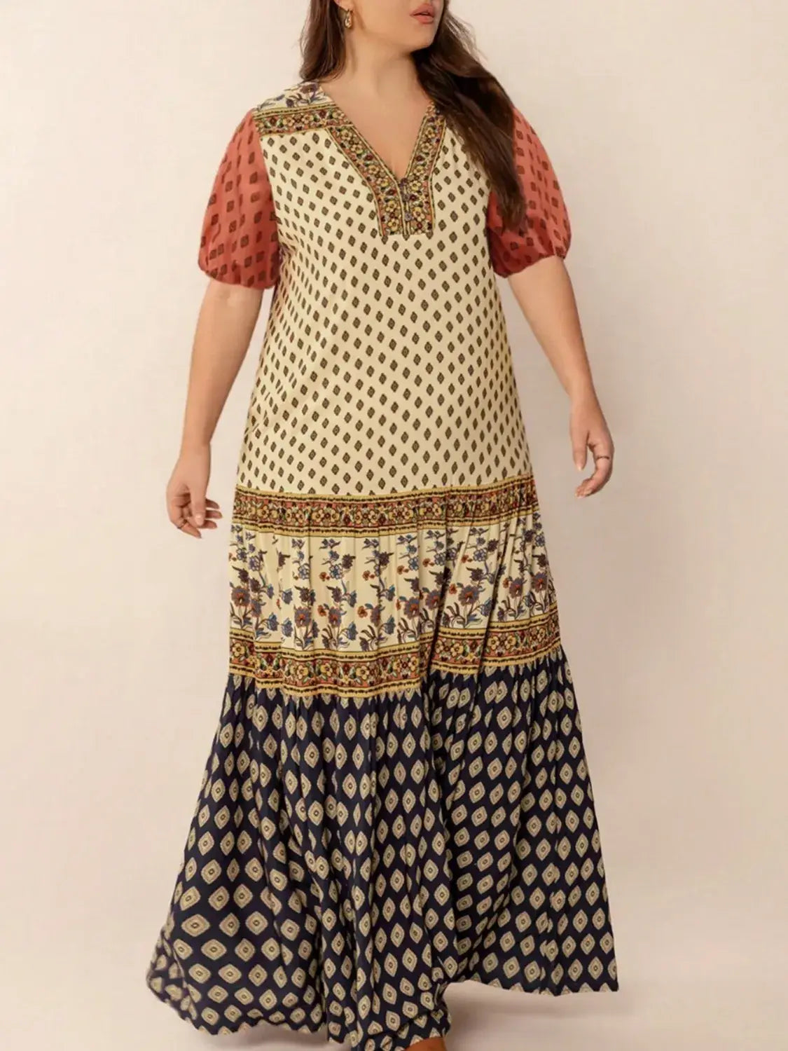 Plus Size Ruched Printed Short Sleeve Midi Dress - Trendsi - Flyclothing LLC