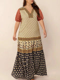 Plus Size Ruched Printed Short Sleeve Midi Dress - Trendsi