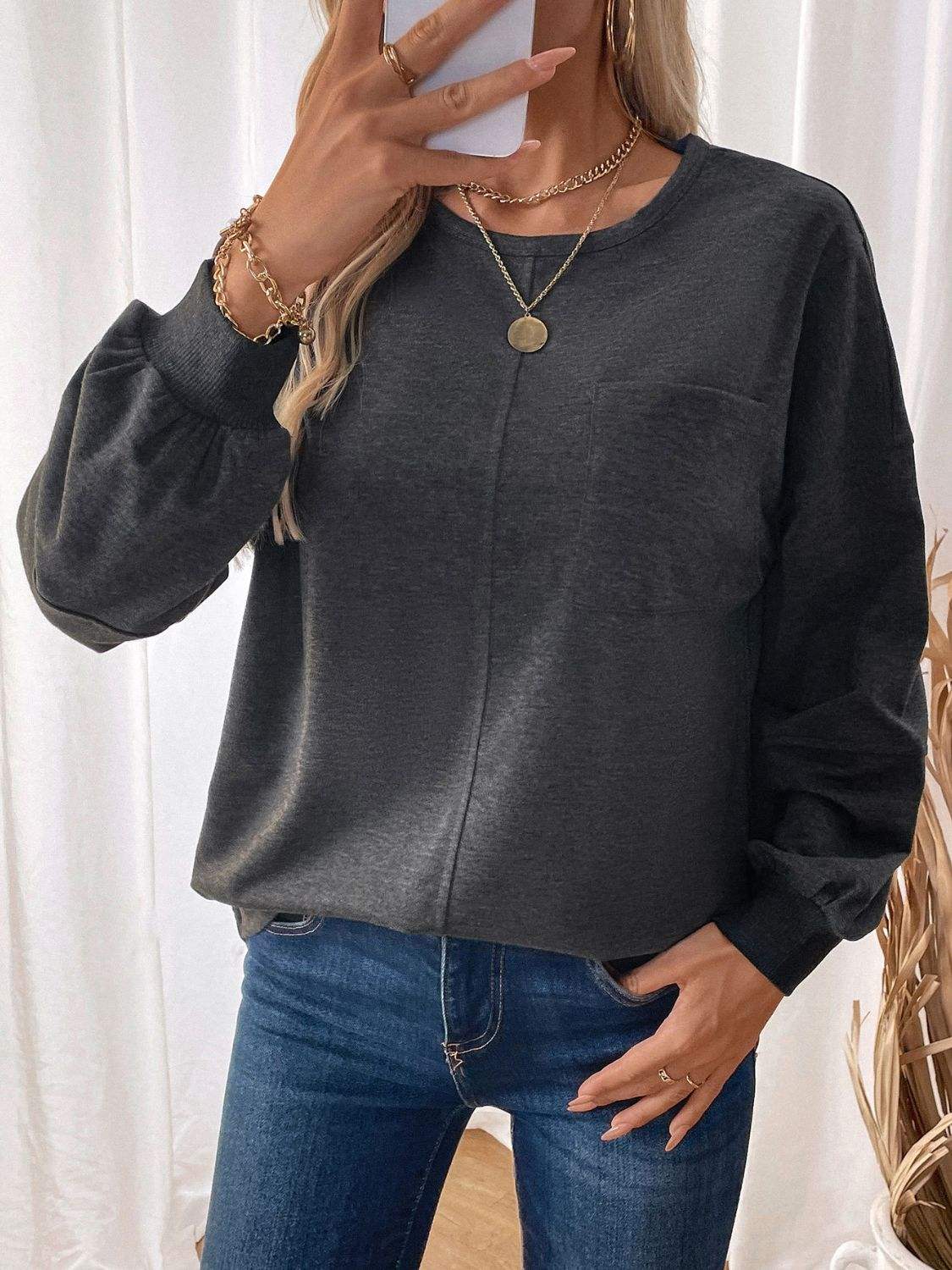 Perfee Pocketed Round Neck Long Sleeve Sweatshirt - Trendsi - Flyclothing LLC