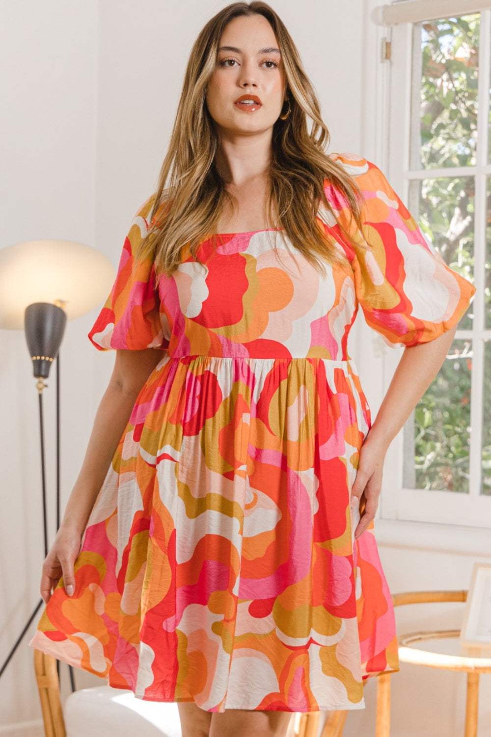 ODDI Full Size Printed Tied Back Short Sleeve Mini Dress - Trendsi - Flyclothing LLC