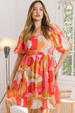 ODDI Full Size Printed Tied Back Short Sleeve Mini Dress - Trendsi