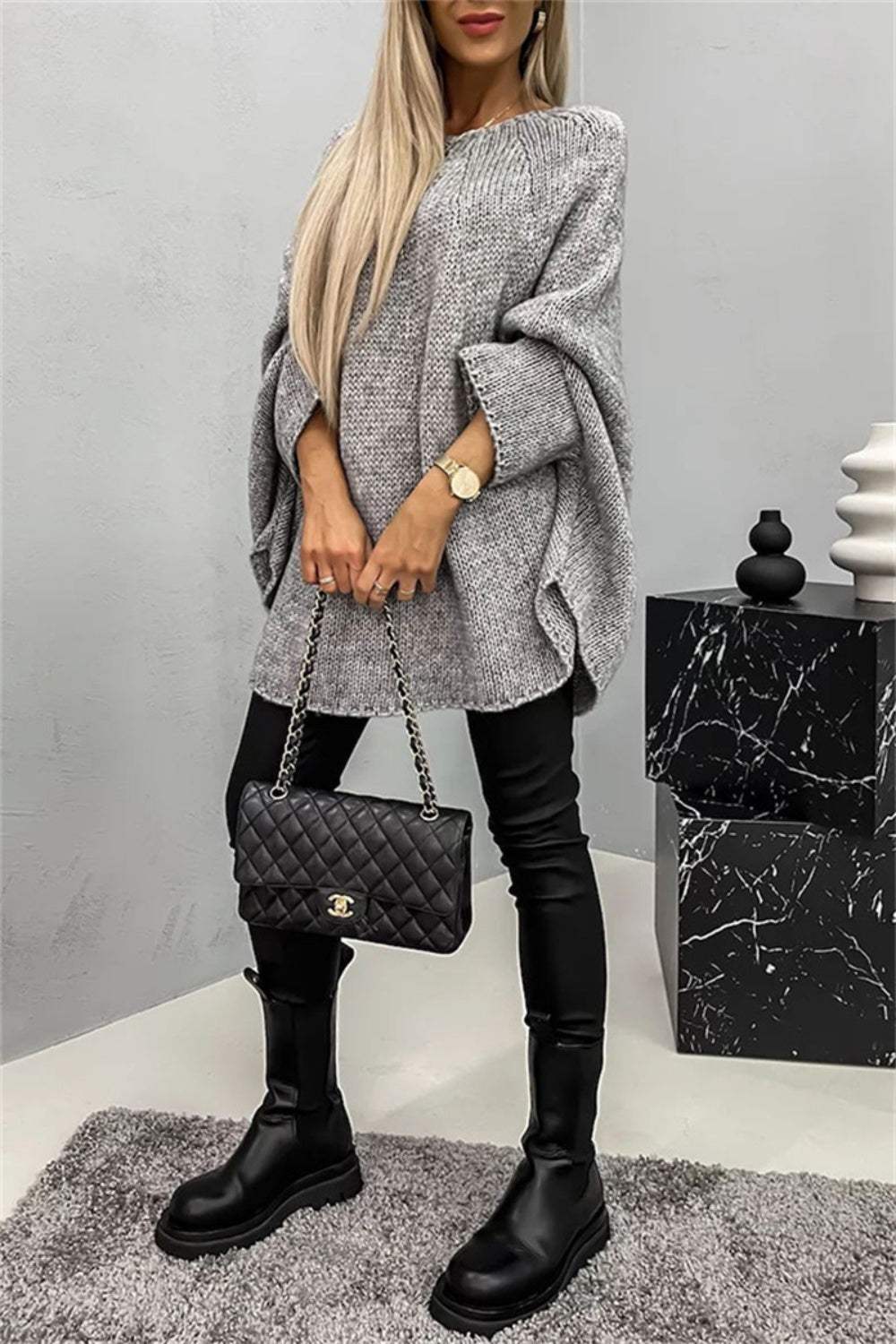 Round Neck Batwing Sleeve Sweater - Trendsi - Flyclothing LLC