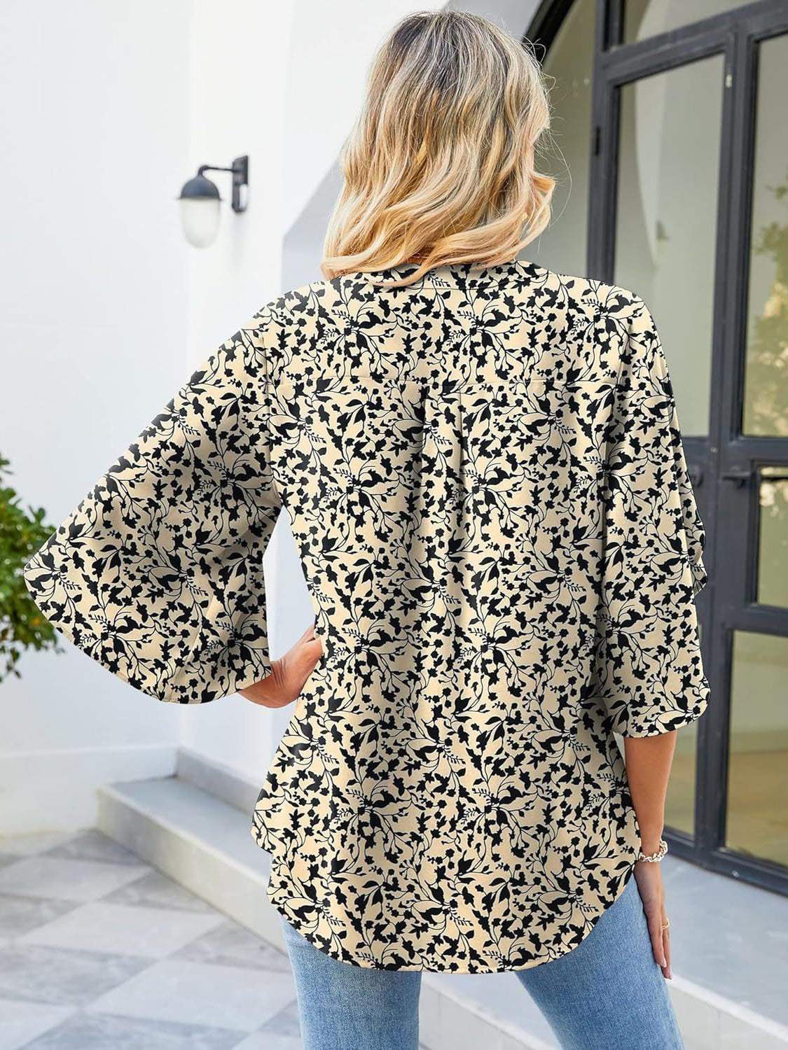 Printed Notched Half Sleeve Blouse - Trendsi - Flyclothing LLC
