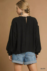 Umgee Full Size Linen Long Sleeve Top with Drawstring Plus Size - Trendsi - Flyclothing LLC