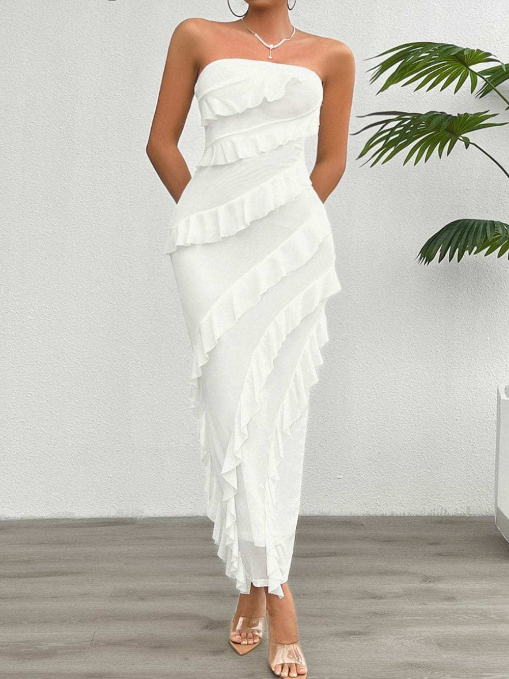 Devine Ruffled Slit Back Tube Maxi Dress - Trendsi - Flyclothing LLC