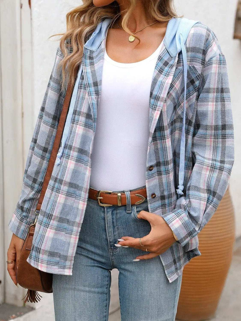 Plaid Long Sleeve Hooded Jacket - Trendsi - Flyclothing LLC