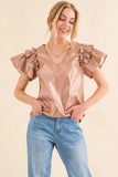And The Why Faux Leather Ruffle Sleeves V Neck Top - Trendsi - Flyclothing LLC