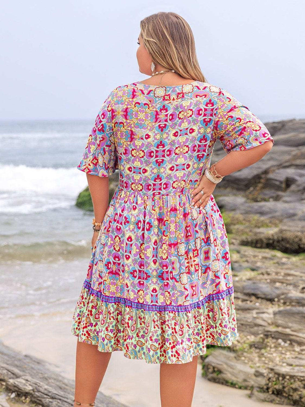 Plus Size Lace Detail Printed Half Sleeve Dress - Trendsi - Flyclothing LLC