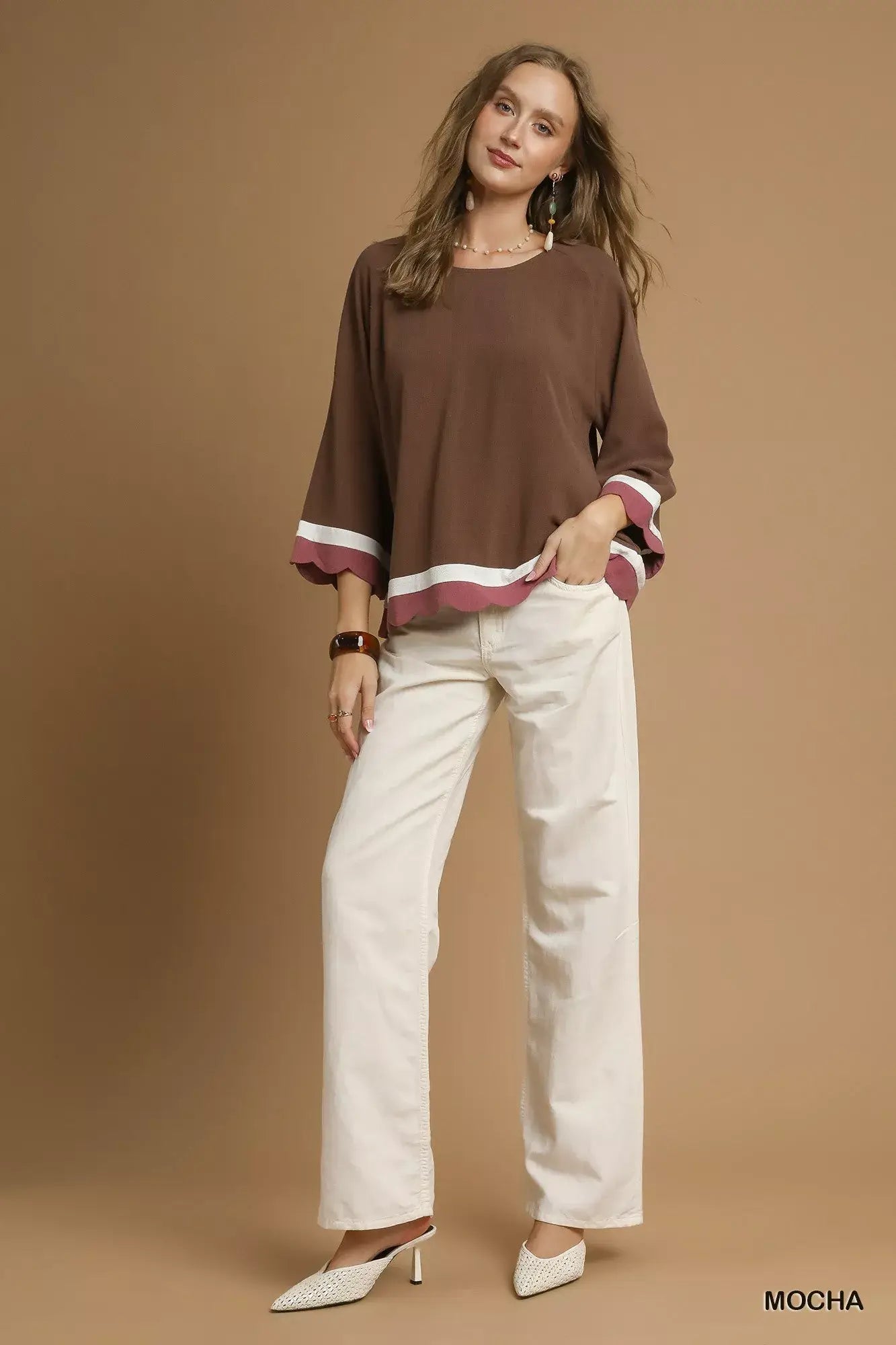 Umgee Scalloped Hem Color Block Top - Trendsi - Flyclothing LLC