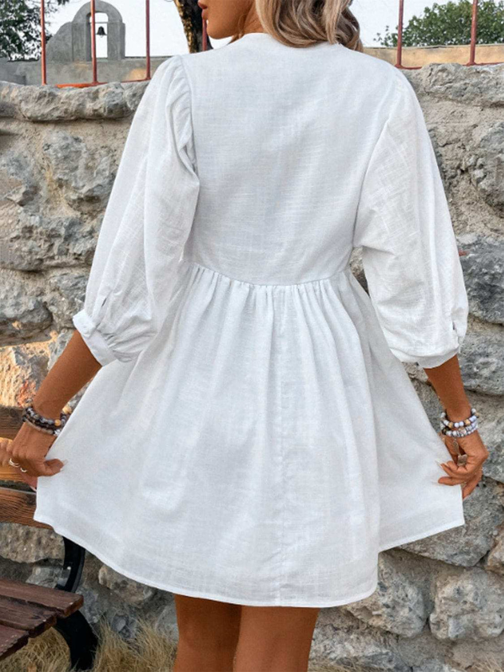 Lace Detail Half Button Three-Quarter Sleeve Dress - Trendsi - Flyclothing LLC