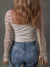 Floral Lace Patchwork Square Neck Long Sleeve Top - Trendsi - Flyclothing LLC