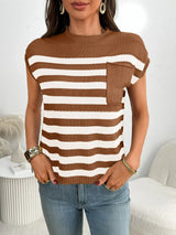 Striped Mock Neck Cap Sleeve Knit Top - Trendsi - Flyclothing LLC